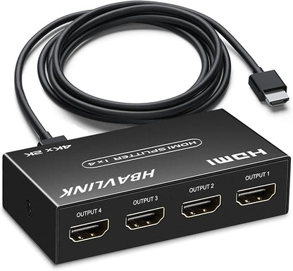 HDMI Splitter 1 in 4 Out 4K 4 Port HDMI Splitter Powered Video Splitter 4 Outputs w/HDMI Cord+ AC Adapter Duplicate/Mirror Screens for Fire Stick/Roku/DirecTV/Cable Box/Security Cameras