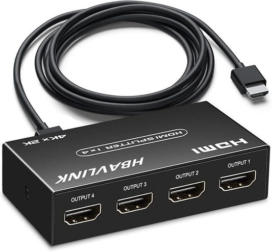 HDMI Splitter 1 in 4 Out 4K 4 Port HDMI Splitter Powered Video Splitter 4 Outputs w/HDMI Cord+ AC Adapter Duplicate/Mirror Screens for Fire Stick/Roku/DirecTV/Cable Box/Security Cameras