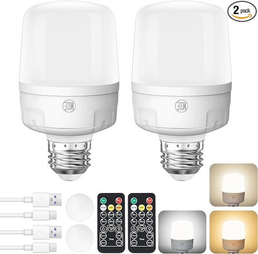 Qoollife E26 Rechargeable Light Bulbs with Remote Control, Battery Operated Light Bulb 9W 2000mAh, 4 Timer Settings for Lamp Lamps Tent Closet Camping USB Battery Powered Light Bulbs (2-Pack)