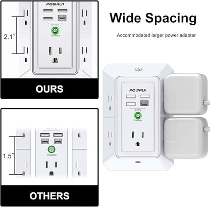 3-Sided Outlet Extender with Night Light - POWRUI Multi Plug Outlet with 5 Outlets and 4 USB Ports(1 USB-C), USB Wall Charger for Home, Office, Travel, ETL Listed, White