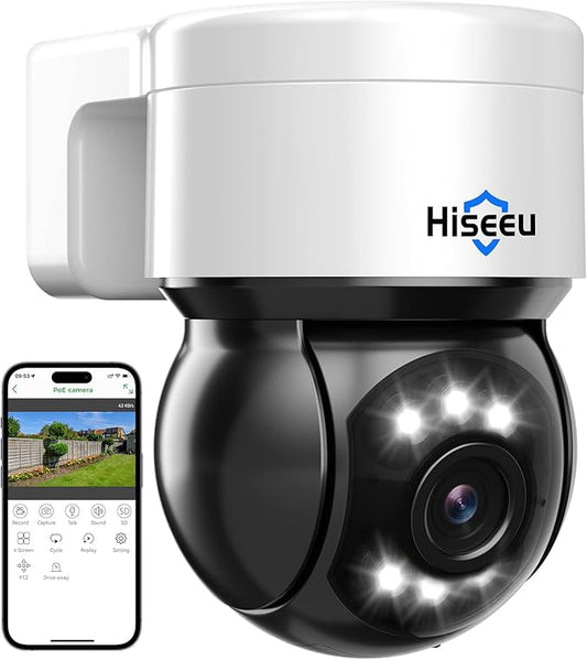 Hiseeu 330° View 4K 8MP PoE PTZ Security Camera Outdoor, Home Security Cameras, 2 Way Audio, Spotlight&Sound Alarm,Color Night Vision, Human&Vehicle Detect, Remote Access