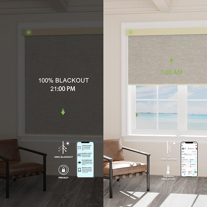 Motorized Blinds with Remote，100% Blackout Smart Blinds Motorized Roller Shades Compatible with Alexa Automatic Blinds for Windows Electric Window Blinds Customized Size Luminous Glow