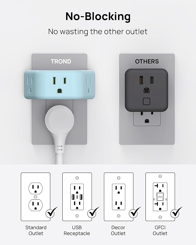 TROND Outlet Extender, No Blocking with 3 Way Angled, Mint Green | 3-Prong Grounded Wall Outlet Adapter, Cruise Essentials, Compact and Practical Plug Expander for Home Travel Essentials