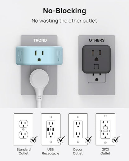 TROND Outlet Extender, No Blocking with 3 Way Angled, Mint Green | 3-Prong Grounded Wall Outlet Adapter, Cruise Essentials, Compact and Practical Plug Expander for Home Travel Essentials