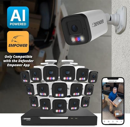 Defender AI Powered Sentinel Pro Turret 16CH NVR PoE Security Camera System, 16pc Metal Turret Cameras, 109° Wide Angle, IP66 Rated, Audio Recording, Web Viewing, 2TB HDD, Works w/Empower App
