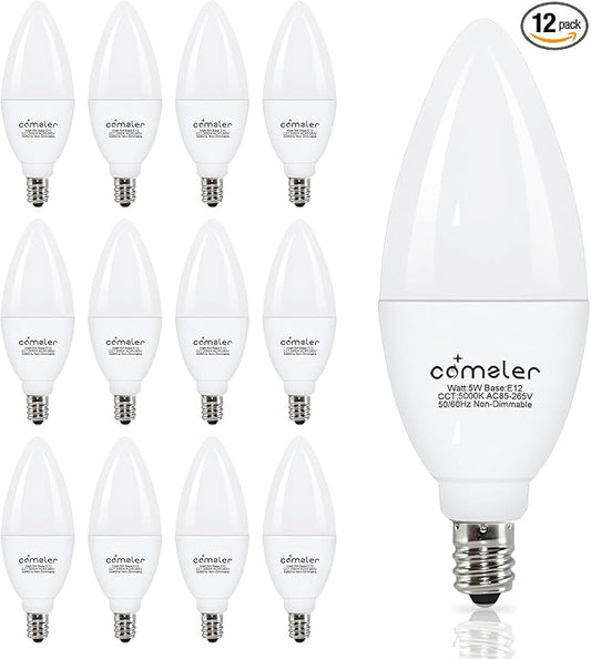comzler 12 Pack E12 LED Candelabra Light Bulb, 5000K Daylight, 5 Watt 60W Equivalent Ceiling Fan Light Bulbs, Type B Light Bulb B11 Shape for Chandelier, Small Base, CRI85+, 500Lumen, Non-Dimmable