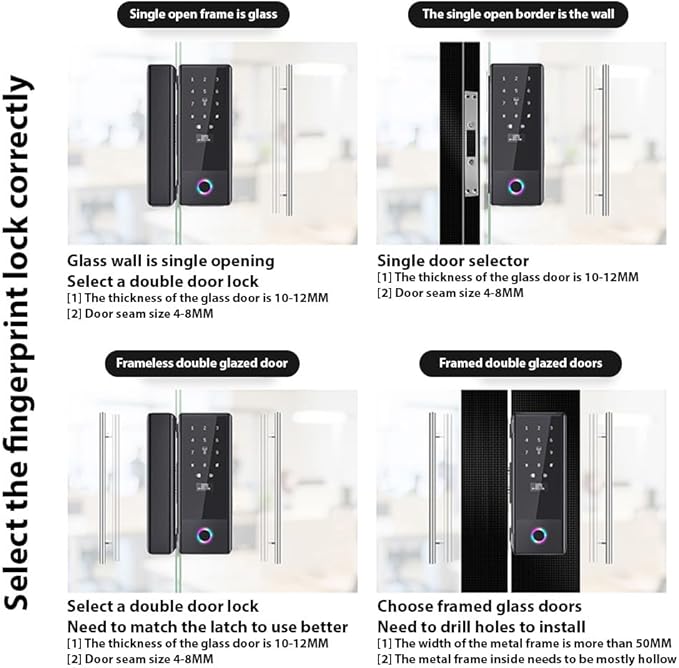 Smart Lock Glass Door Lock WiFi Remote Unlocking TY APP Fingerprint Password IC Card Mechanical Key Unlocking Methods Door Lock Interchangeable Lock Body Direction for 10-12mm Thickness