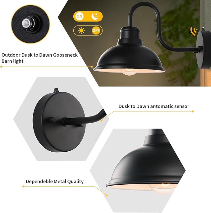 Barn Lights Outdoor Wall Sconces, Dusk to Dawn Exterior Farmhouse Gooseneck Barn Light, Black Outside Wall Mount Light Fixture, 2 Pack Anti-Rust Waterproof Outdoor Light for Porch Garage Patio