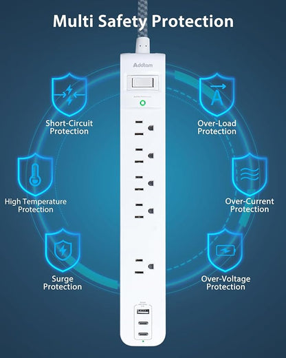 2 Pack Power Strip Surge Protector - 5 Widely Spaced Outlets 3 USB Charging Ports, 1875W/15A with 5Ft Braided Extension Cord, Flat Plug, Overload Surge Protection, Wall Mount for Home Office,White