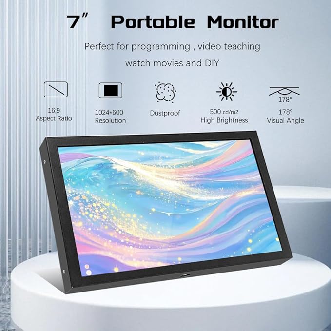 7 Inch Mini Monitor HDMI, Portable Vga Monitor with AV BNC 1024×600 LCD Screen with Built-in Speakers,IPS Multi-Function Small Display for Raspberry Pi PC/TV/DVD/CVBS