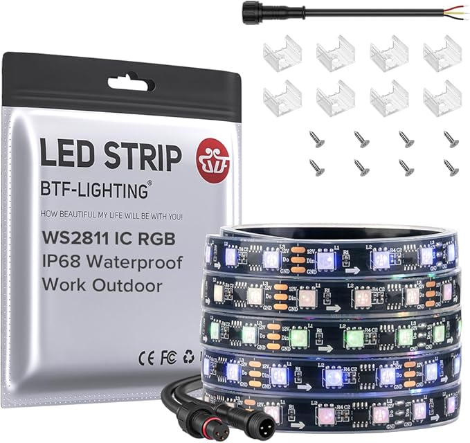 BTF-LIGHTING WS2811 Addressable RGB LED Strip 16.4FT 300LED DC12V IP68 | Waterproof 100Pixels IC=RGB+IC UL Listed Black PCB Chasing Effect for outdoor Decor(No Adapter or Controller)