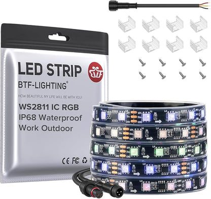BTF-LIGHTING WS2811 Addressable RGB LED Strip 16.4FT 300LED DC12V IP68 | Waterproof 100Pixels IC=RGB+IC UL Listed Black PCB Chasing Effect for outdoor Decor(No Adapter or Controller)