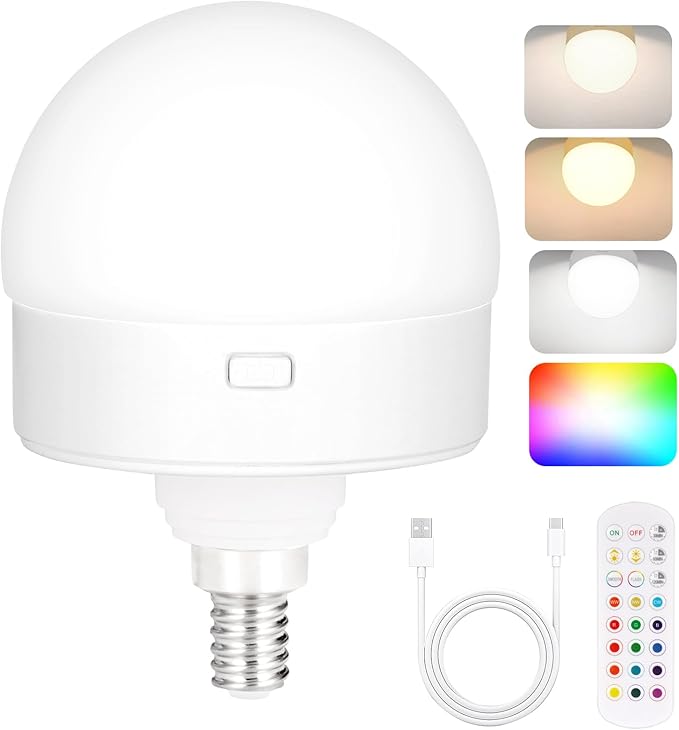 Yochoice E12 Rechargeable Battery Operated Light Bulb with Remote, Dimmable LED Bulb with 15 Colors Selectable & 3 Timer, Wireless Detachable Puck Light Bulb for Wall Sconce, Non-Hardwired