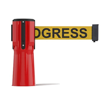 Trafford Industrial 11 ft Cone-Mounted Retractable Belt Barrier Red Case with Yellow with"Cleaning in Progress" Black Letters Belt