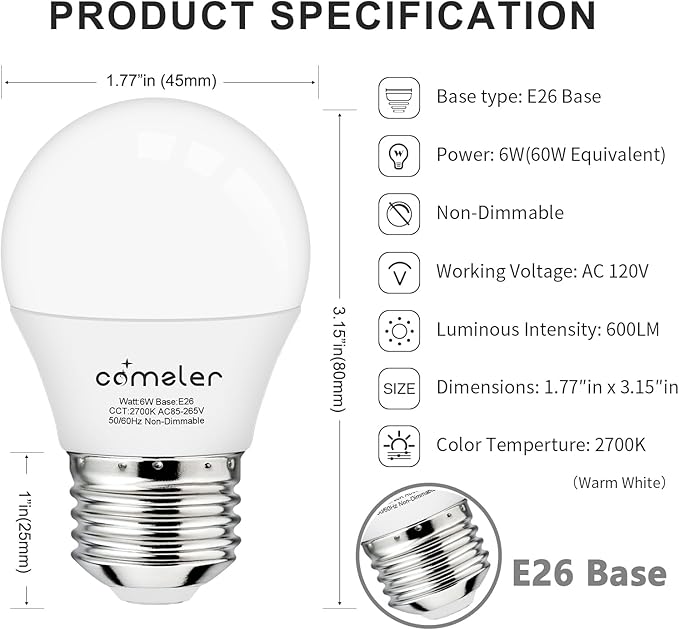 comzler Small Light Bulb, 60W Equivalent Light Bulbs, 6W 2700K Soft White, 600 Lumens Non-Dimmable LED Bulb, E26 Standard Screw Base A15/G45 Shape LED Appliance Bulb Refrigerator 8-Pack