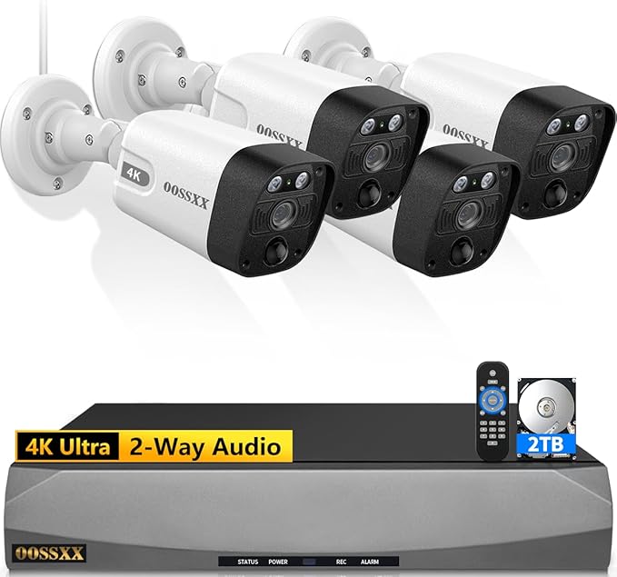 OOSSXX (2026 Update) 4K PoE Security Camera System w/PIR & AI Human Detection, 8CH NVR w/ 2TB HDD, 4 Cameras, 130° Ultra Wide Angle, 60-Day Recording, 2-Way Audio, Remote Control, No Monthly Fee
