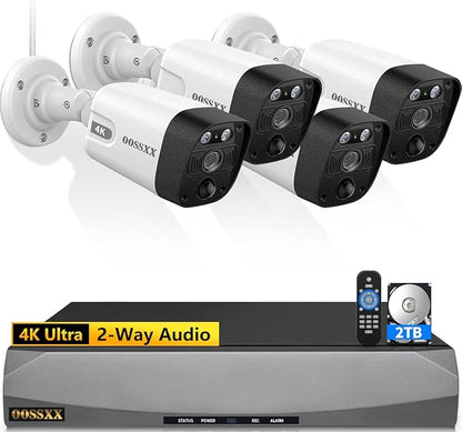 OOSSXX (2026 Update) 4K PoE Security Camera System w/PIR & AI Human Detection, 8CH NVR w/ 2TB HDD, 4 Cameras, 130° Ultra Wide Angle, 60-Day Recording, 2-Way Audio, Remote Control, No Monthly Fee
