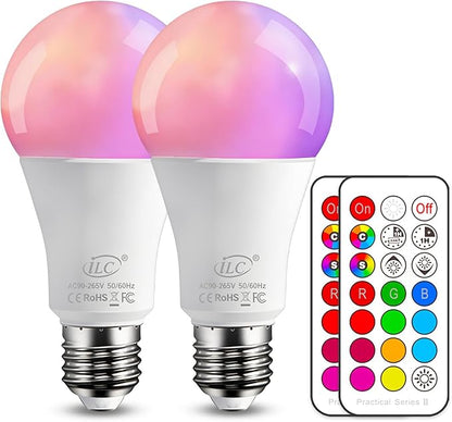 ILC Color Changing LED Light Bulbs, 70W Equivalent, 2700K Warm White A19 E26 Screw Edison Base RGBW Dimmable - 12 Color Choices - Timing Infrared Remote Control Included (2 Pack)