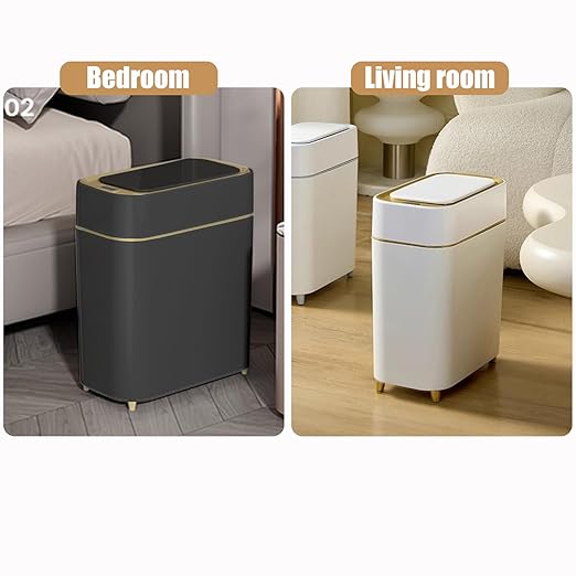 Yatmung Automatic Bathroom Trash Can with Touchless Lid - Slim Motion Sensor Trash Can - Bathroom, Bedroom, Kitchen, Laundry Room, Small Spaces - Compact Smart Trash Bin - Black with Gold Edge, 1Pack