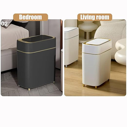Yatmung Automatic Bathroom Trash Can with Touchless Lid - Slim Motion Sensor Trash Can - Bathroom, Bedroom, Kitchen, Laundry Room, Small Spaces - Compact Smart Trash Bin - Black with Gold Edge, 1Pack