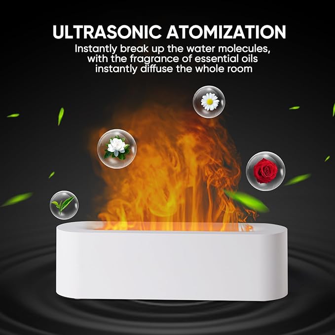 YALEDI Essential Oil Diffuser, Fireplace Flame Fire Oil Diffuser, 150ml Ultrasonic Cool Mist Aromatherapy Humidifier, Scent Aroma Diffuser with 7 Colors Light, Timer & Auto-Off for Home, Room (White)