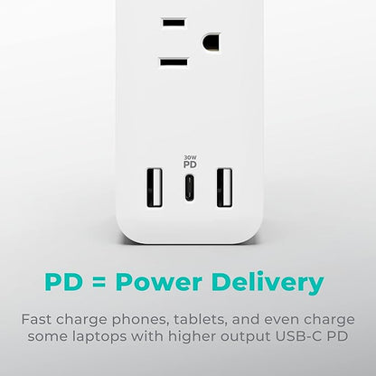 KMC USB-C PD Surge Protector 3-Outlet Power Strip, 30W Power Delivery USB-C Port, 2 USB-A Ports, 980J Surge Protection, 6-Foot Extension Cord, White
