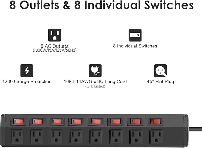8 Outlet Metal Power Strip with Individual Switches,Heavy Duty Appliance Power Strip with Flat Plug,1200J Surge Protector,10FT Extension Cord,15A 120V 1800W,Home Office School Shop Industrial