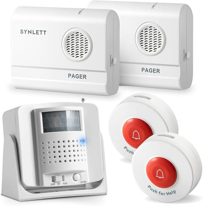 2 Caregiver Pagers with 2 Call Buttons & 1 Motion Sensor for Elderly at Home, Bed Exit Fall Prevention Alarm, Must BE PAIRED to Pager to Function