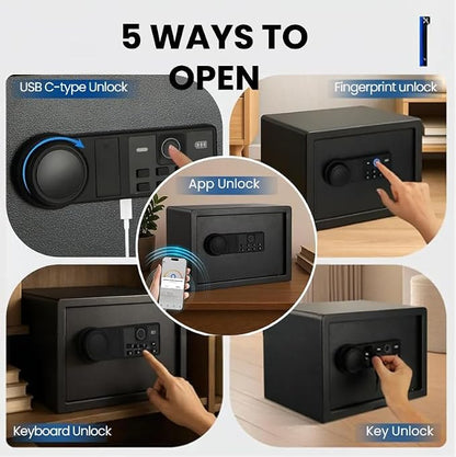 XDeer Biometric Safe Box, 0.78 Cuft Small Safe with 4 Unlocking Ways | Fingerprint/Backlit Keypad/Keys/APP, LED Light, Silent Mode, Adjustable Shelf, Smart Home Safe for Cash/Jewelry/Documents