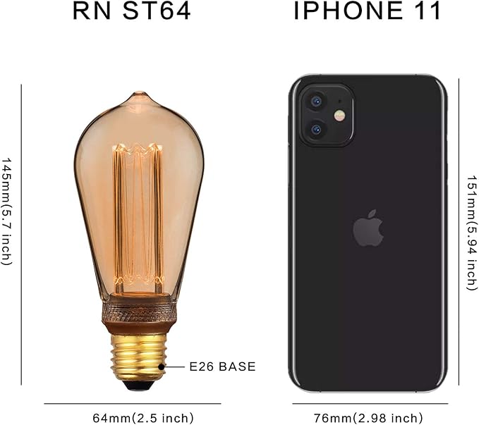 Vintage Edison Light Bulb, Decorative Dimmable LED Bulb, 3.5W Low Lumen Eye-Caring Soft Dim Lighting for Mood(Not Daylight White), Virtual Squirrel Cage Filament, E26 Medium Base, Amber RN ST64