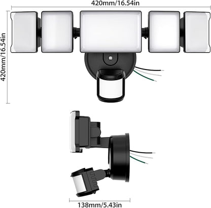 Olafus 18000LM Ultra Bright Motion Sensor Outdoor Lights, 5 Heads Flood Light, IP65 Waterproof LED Security Light, 6500K Dusk to Dawn Outdoor Lighting for Large Outdoor Areas Garage, Backyard, Black