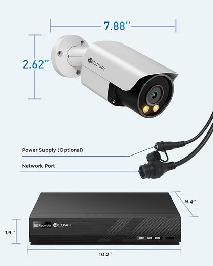 4COVR PoE Security Camera System 4K, 2 Way Audio Talk & Smart Color Night Vision, 4X 8MP Bullet PoE IP Camera IP67 Person Vehicle Detection, 8CH 4K NVR 2TB HDD, 24/7 Home Video, LY37YX8M0804