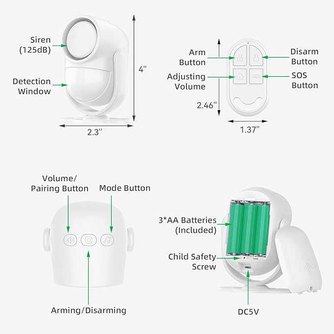 Luckydeer 125dB Loud Motion Sensor Alarm with 328ft Remote Control (40ft PIR Detector, 3*AA Batteries), Indoor Wireless Infrared Security Motion Detector with Siren for Home/Shed, White