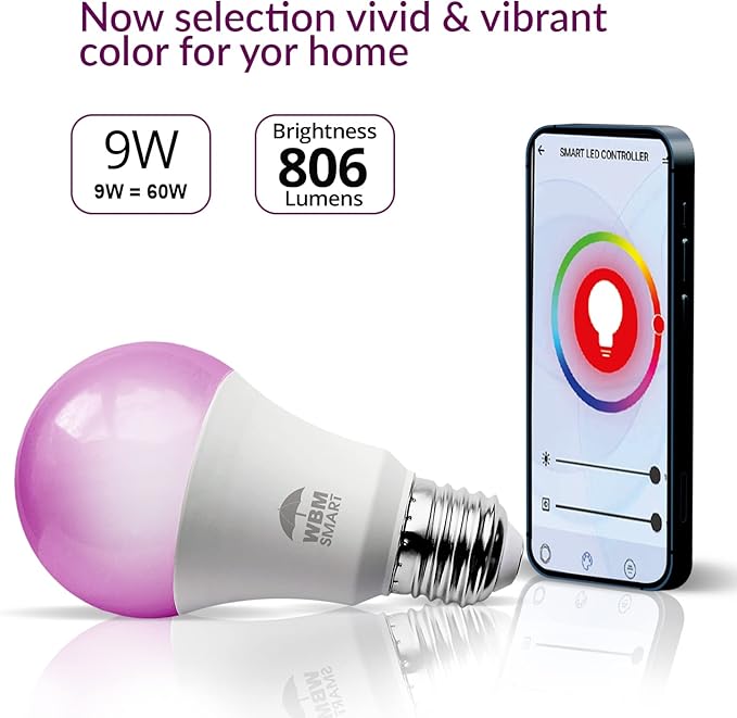 WBM SMART LED Color Changing Lights, Compatible with Alexa & Google Assistant, RGBW 2700K-6500K, 60 Watt Equivalent Multicolor, Dimmable with App, A19 E26, No Hub Required, 2.4GHz WiFi Only, 4 Counts