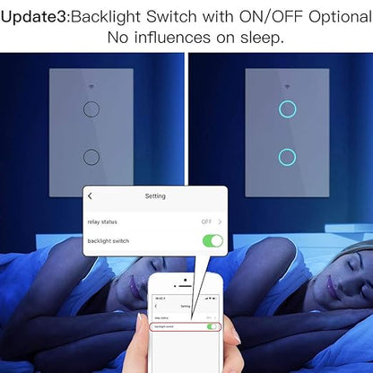 MoesGo 2nd Generation WiFi RF433 Smart Touch Wall Single Fire Smart Switch，No Neutral Wire Needed,Compatible with Smart Life/Tuya App, Works with Alexa and Google Home Single Pole 110V White 2 Gang