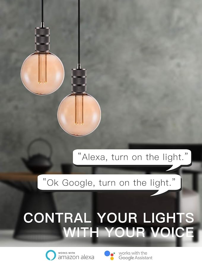 Smart WiFi Decorative Round LED Light Bulb, 3.8W Amber RN Vintage Edison LED Bulb, G125, Dimmable Soft Warm 2000K, E26 Base, No Hub Required, Compatible with Alexa and Google Home Assistant