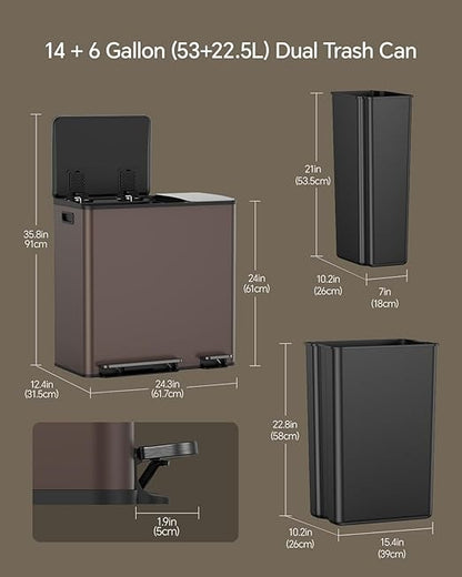 Lovewind Dual Trash and Recycling Bins for Kitchen, 13+6 Gallon Stainless Steel Garbage and Recycle Bin Combo for Large Families, Dual Trash Can with Soft Close Lid & Magnetic Stickers, Brown