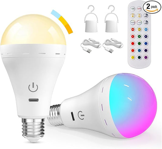 E26 Rechargeable Led Light Bulbs with Remote, 15 Colors Dimmable E26 Battery Operated Light Bulb with Timer, Emergency Rechargeable Light Bulbs, Up to 35 Hours, 2 Packs