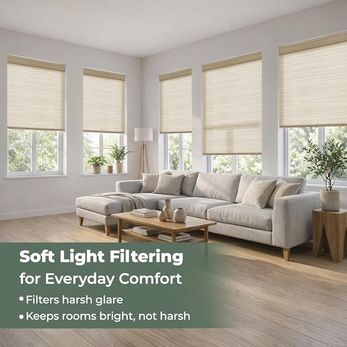 ZSHINE Motorized Linen-Look Roller Shades for Windows, Rechargeable Smart Light Filtering Blinds Compatible with Alexa (82190B)