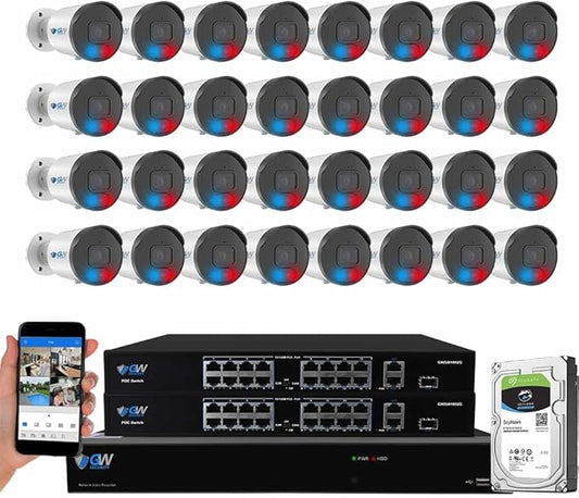 GW Security 32 Channel 8MP 4K Full-Time Color Night Vision NVR Security Camera System with (32) Two-Way Audio PoE Outdoor Cameras, AI Human & Cars Detection with Alarm Lights