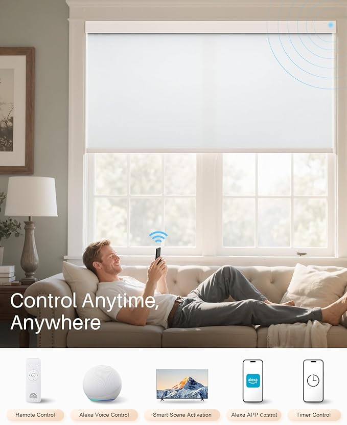 Smart Roller Shades for Windows, Alexa Blackout Motorized Blinds with Remote Control, Easy Install Automatic Electric Blinds for Indoor (71" W x 72" H, White)