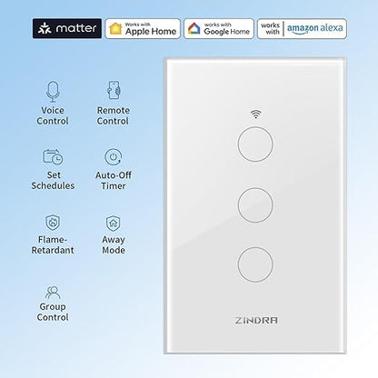 Smart Touch Wall Light Switch with Matter, Tempered-Glass Panel, Neutral Wire Required, Single-Pole, 2.4GHz Wi-Fi, App/Voice Control with Alexa/Google/Apple Home, Timers & Schedules 3Gang - 3Pack