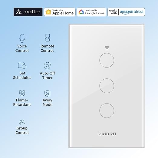 Smart Matter Light Switch, ZINDRA 2.4G WiFi Touch Wall Switch (Neutral Wire Required), Single-Pole Smart Switch Works with Apple Home, Alexa, Google Home & SmartThings, Tempered Glass Panel, White