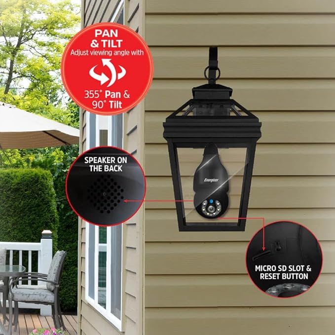 Energizer Smart Outdoor 2K QHD Security Socket Camera, 5GHz & 2.4 GHz Dual Band, Pan & Tilt Motion Tracking, 2-Way Audio, Night Vision, Recording, Instant Alerts, Voice Control with Google & Alexa,