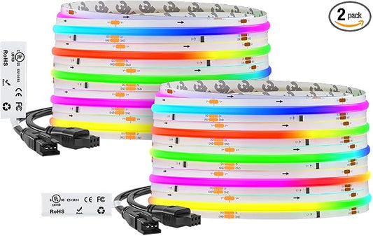 BTF-LIGHTING 32.8FT WS2811 Smart IC RGB DC12V FCOB COB LED Strip Light | UL Listed 630LEDs/m High Density Color Chasing Light 10mm Width for Home Party DIY Lighting(No Adapter or Controller)