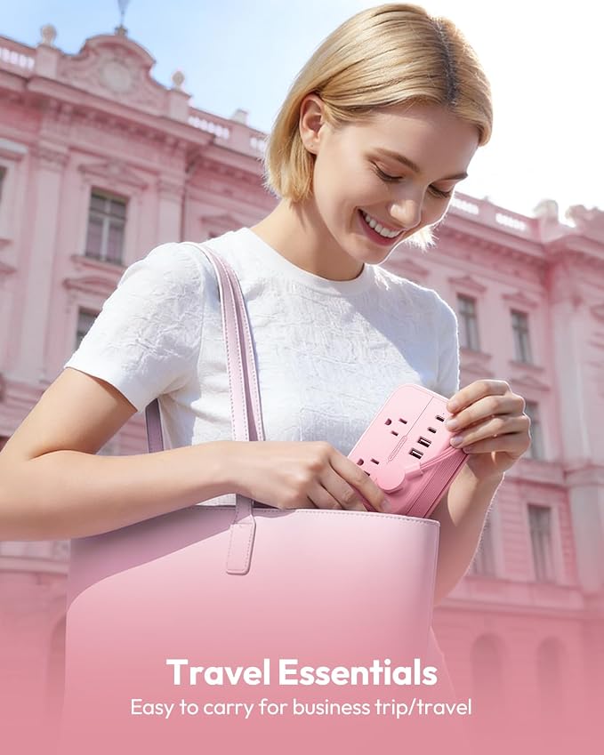 NTONPOWER Pink Extension Cord, Travel Power Strip, 6 Outlets 4 USB Ports(2 USB C), 4ft Extension Cord Wrapped Around Small Power Strip, Compact for Travel, Hotel, Cruise Approved, White