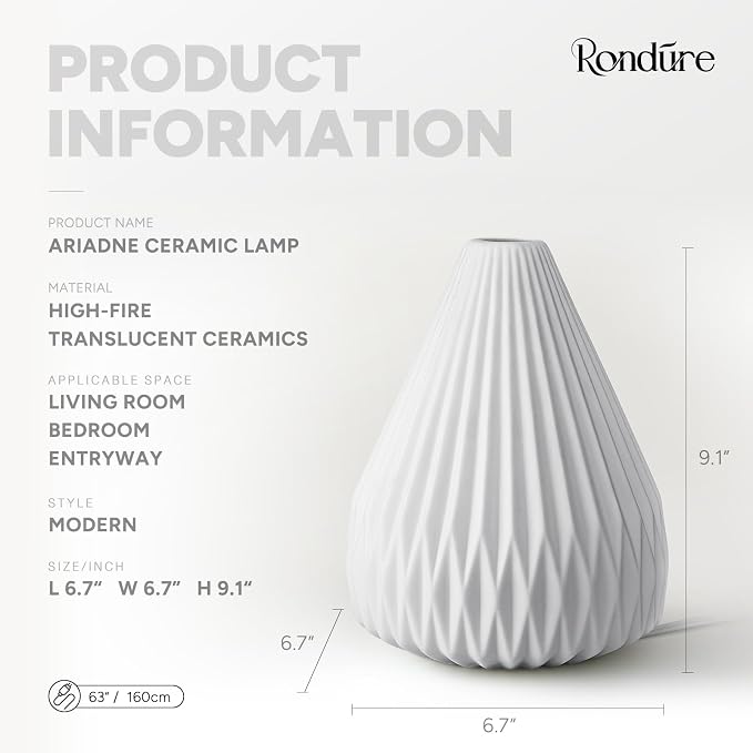 RONDURE Modern Ceramic Decorative Table Lamp Living Room Bedroom Bedside | Handcrafted Unique Warm Ambient Lighting Lamp, Accent White Translucent Ceramic shade, Fully Dimmable, Corded, Bulb Included