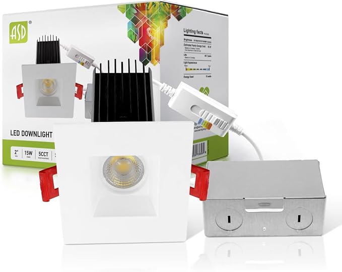 ASD 2 Inch LED Recessed Lighting with Junction Box, 15W 1100 Lumens, Dimmable Anti-Glare Downlight, 2700K/3000K/3500K/4000K/5000K Selectable, CRI 90+, Square White Trim, IC Rated, ETL, Energy Star