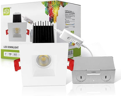 ASD 2 Inch LED Recessed Lighting with Junction Box, 15W 1100 Lumens, Dimmable Anti-Glare Downlight, 2700K/3000K/3500K/4000K/5000K Selectable, CRI 90+, Square White Trim, IC Rated, ETL, Energy Star