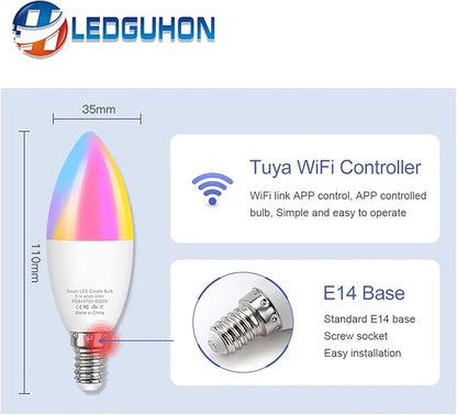 4 Sets E14 5W RGBCC smart Light Bulbs with Adjustable Color Temperature Compatible with Alexan Google Assistant, 14MM Small Base Candle Light Suitable for Parties or Home Decoration